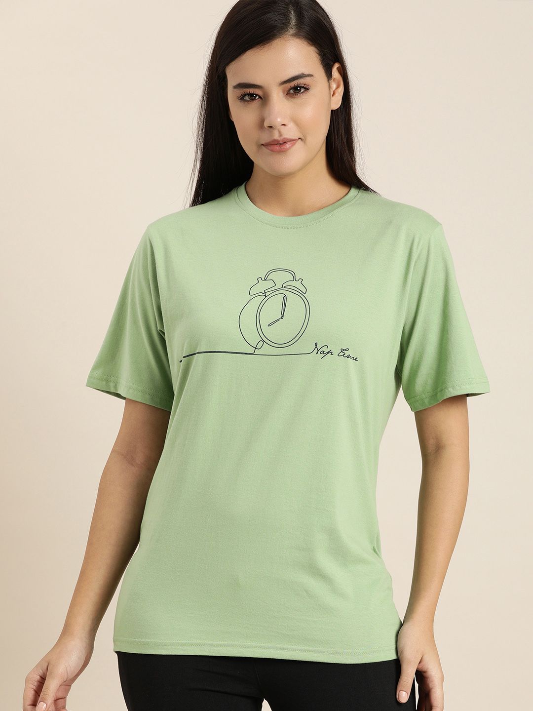 QUARANTINE Women Green Printed Oversized Lounge T-shirt Price in India