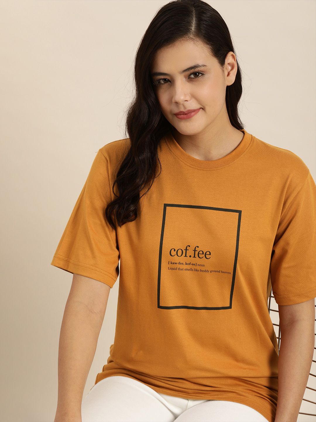 QUARANTINE Women Mustard Yellow Typography Printed Oversized Lounge T-shirt Price in India