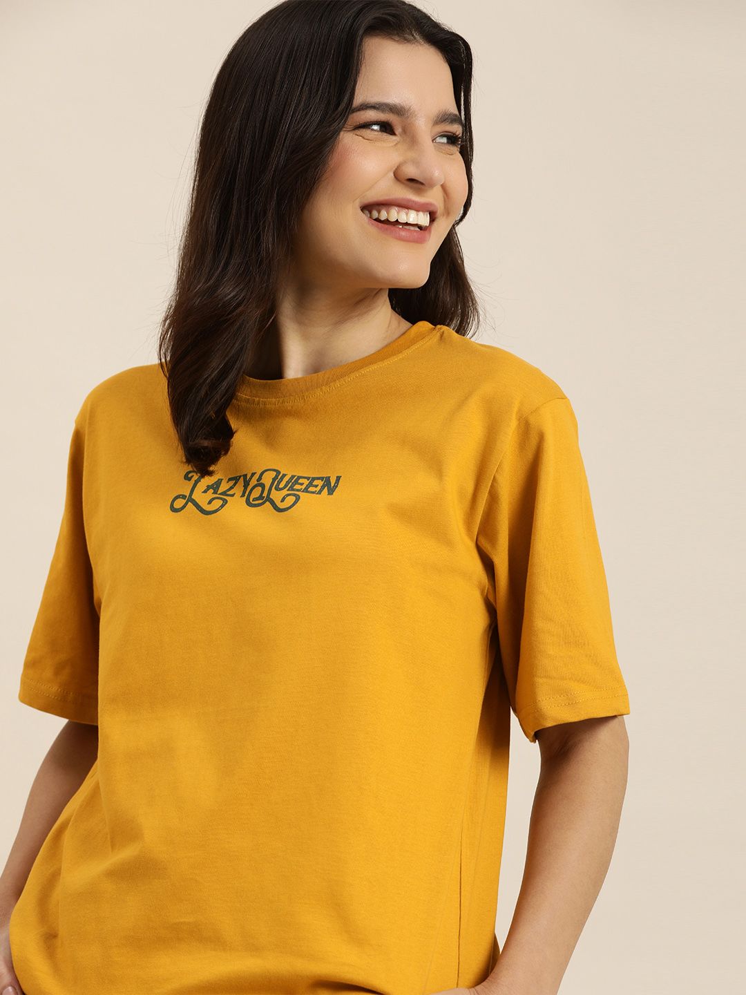 QUARANTINE Women Mustard Yellow Typography Printed Oversized Lounge T-shirt Price in India