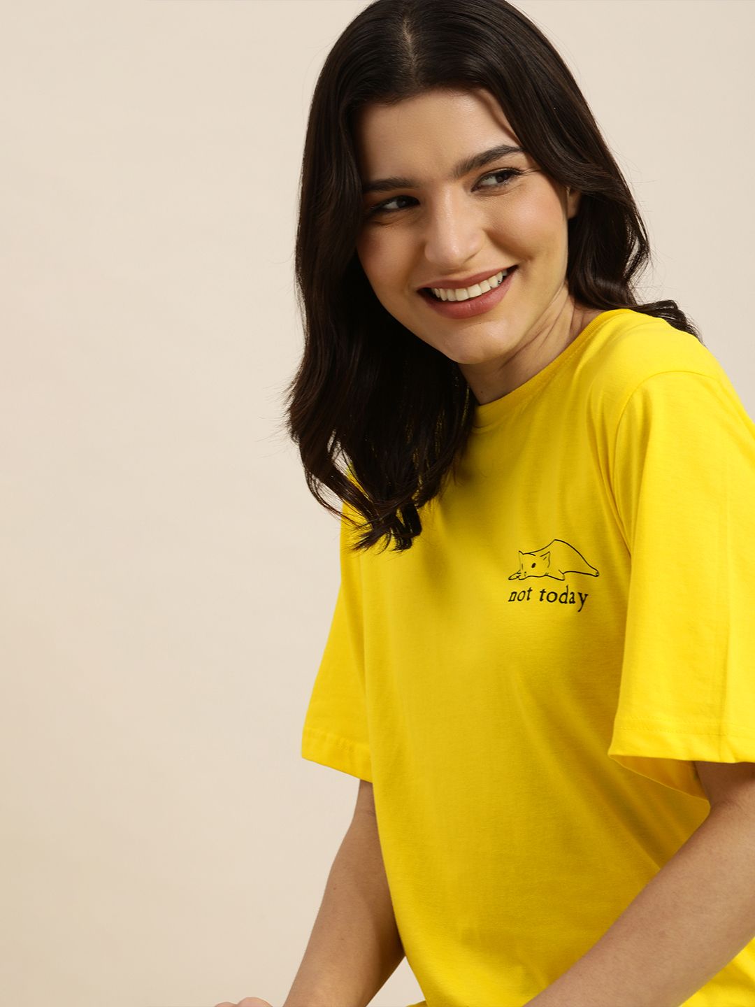 QUARANTINE Women Yellow Typography Printed Oversized Lounge T-shirt Price in India