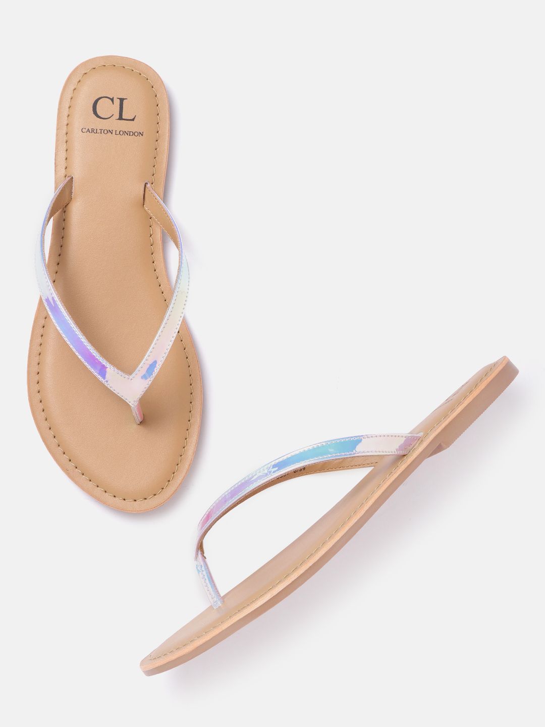 Carlton London Women Silver-Toned & Blue Solid Iridescent Effect Open Toe Flats Price in India