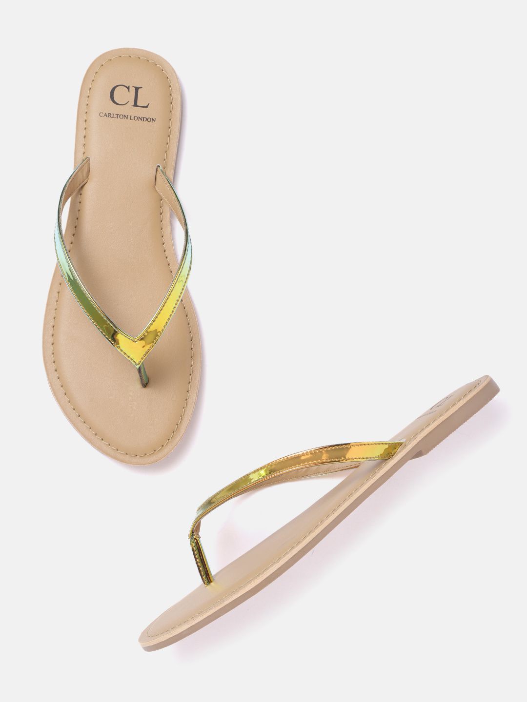 Carlton London Women Gold-Toned & Green Iridescent Effect Solid Open Toe Flats Price in India