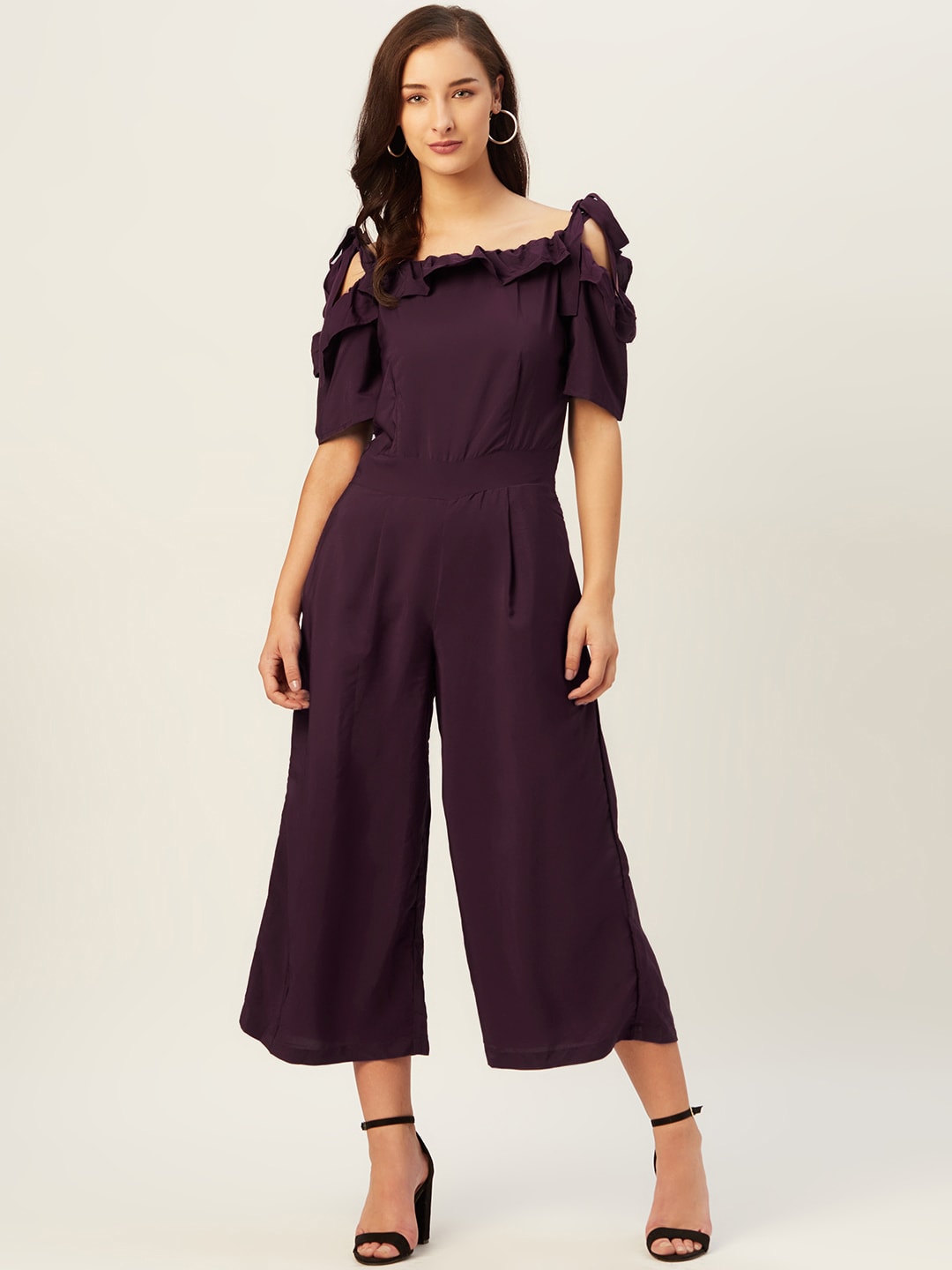 Belle Fille Women Purple Solid Culotte Jumpsuit With Cold-Shoulder Sleeves Price in India