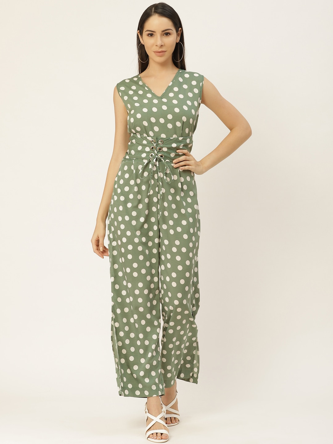 Belle Fille Women Green & Off-White Polka Dot Print Lace-Up Basic Jumpsuit Price in India