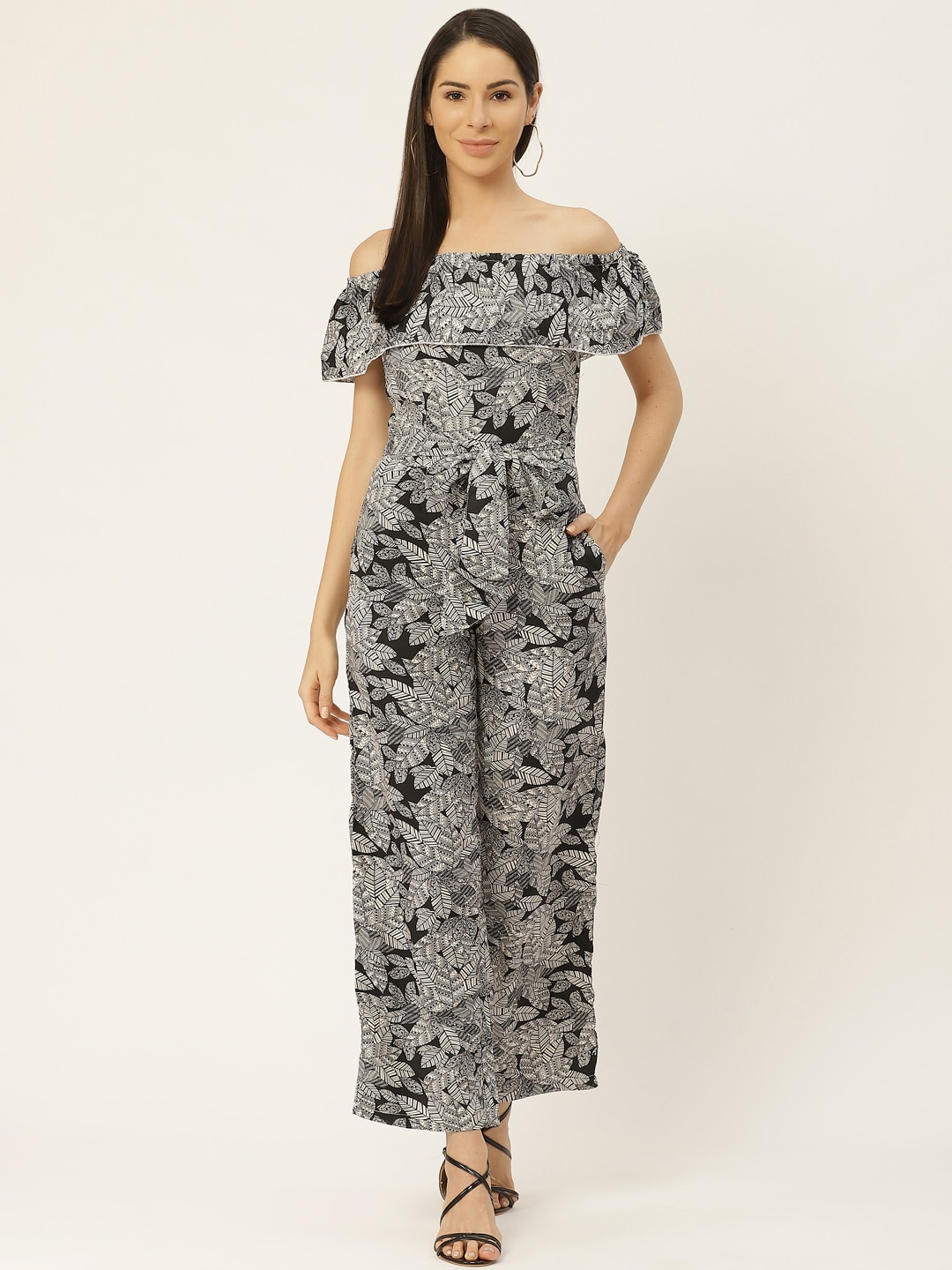 Belle Fille Women Black & White Leaf Print Cotton Basic Off-Shoulder Jumpsuit Price in India
