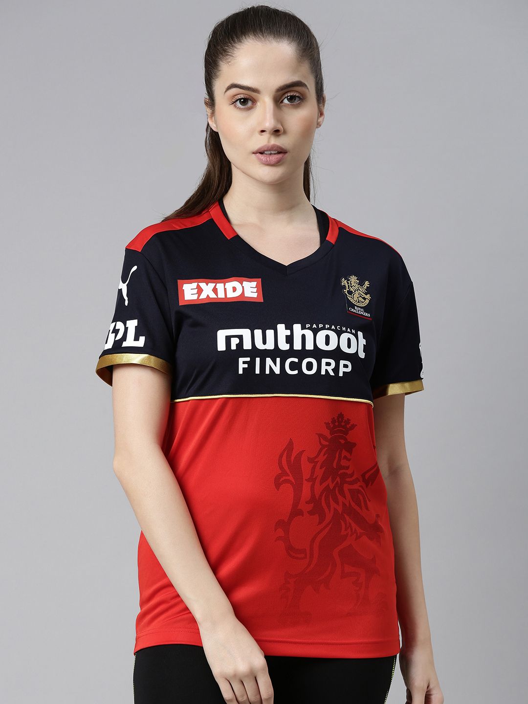 Puma Women Red & Black Colourblocked RCB Replica Jersey V-Neck T-shirt Price in India