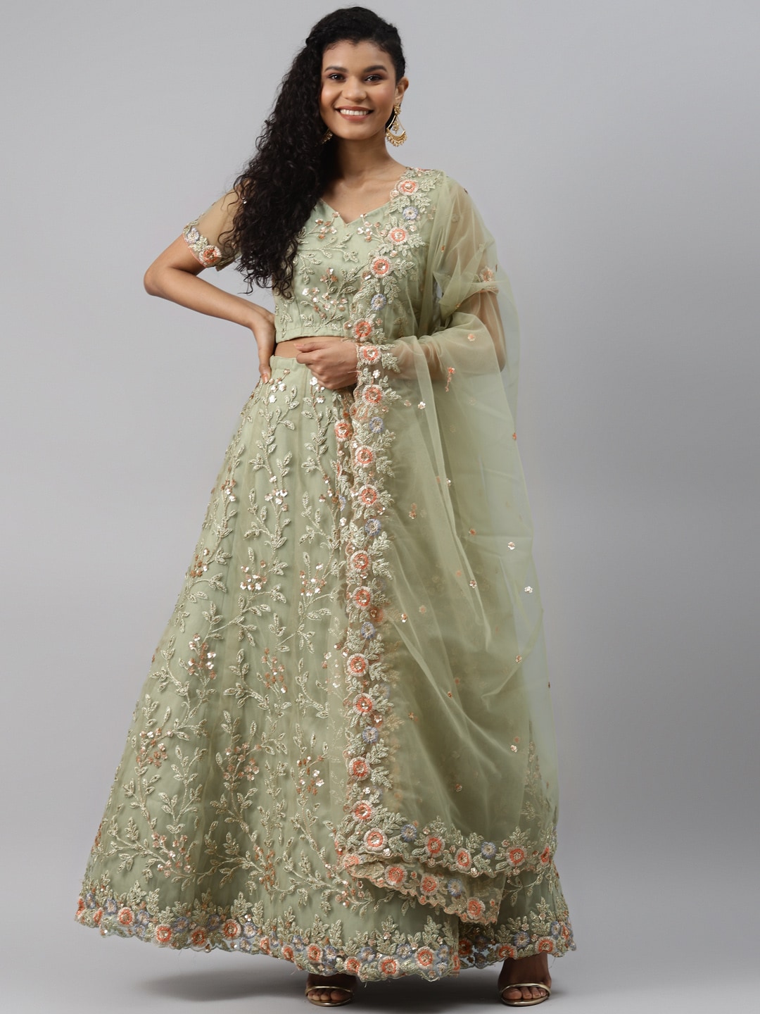 Readiprint Fashions Green & Peach-Colored Semi-Stitched Lehenga & Blouse with Dupatta Price in India
