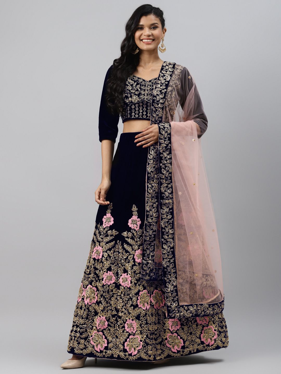 Readiprint Fashions Navy Blue & Gold-Toned Embroidered Semi-Stitched Lehenga & Unstitched Blouse with Dupatta Price in India