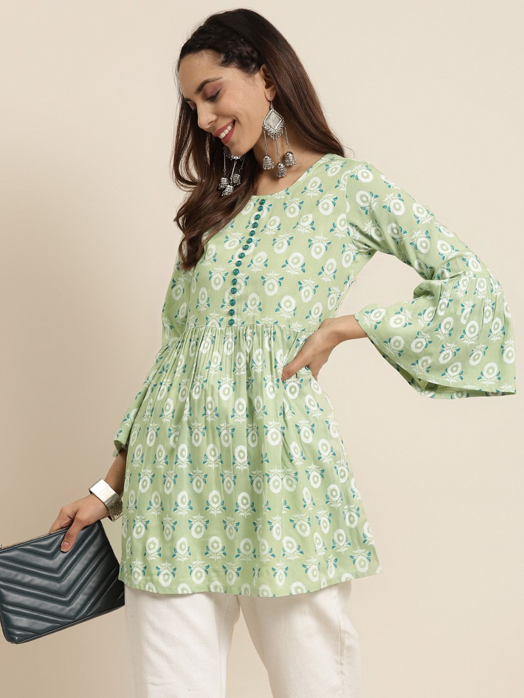 YASH GALLERY Women Green & Off-White Printed A-Line Kurti Price in India