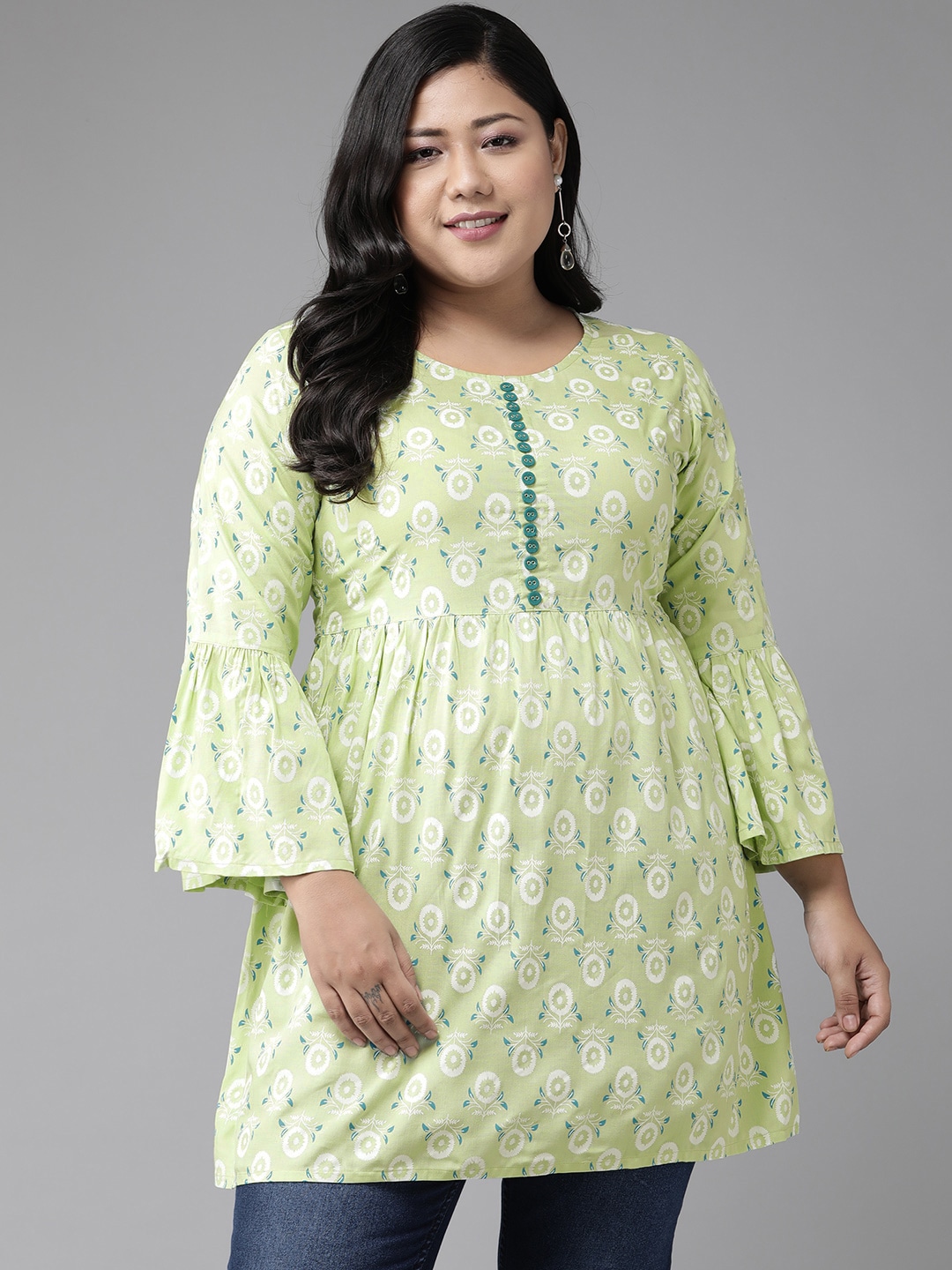 YASH GALLERY Plus Size Green & Off White Floral Print Bell Sleeves Kurti Price in India