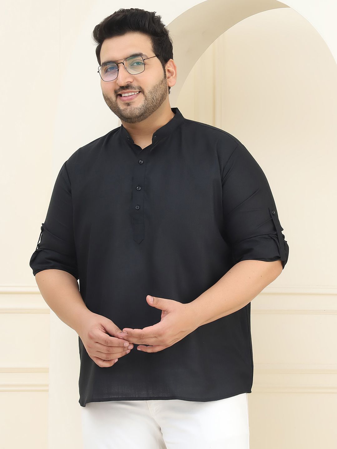 SOJANYA PLUS Men Plus Size Black Pure Cotton Solid Straight Kurta