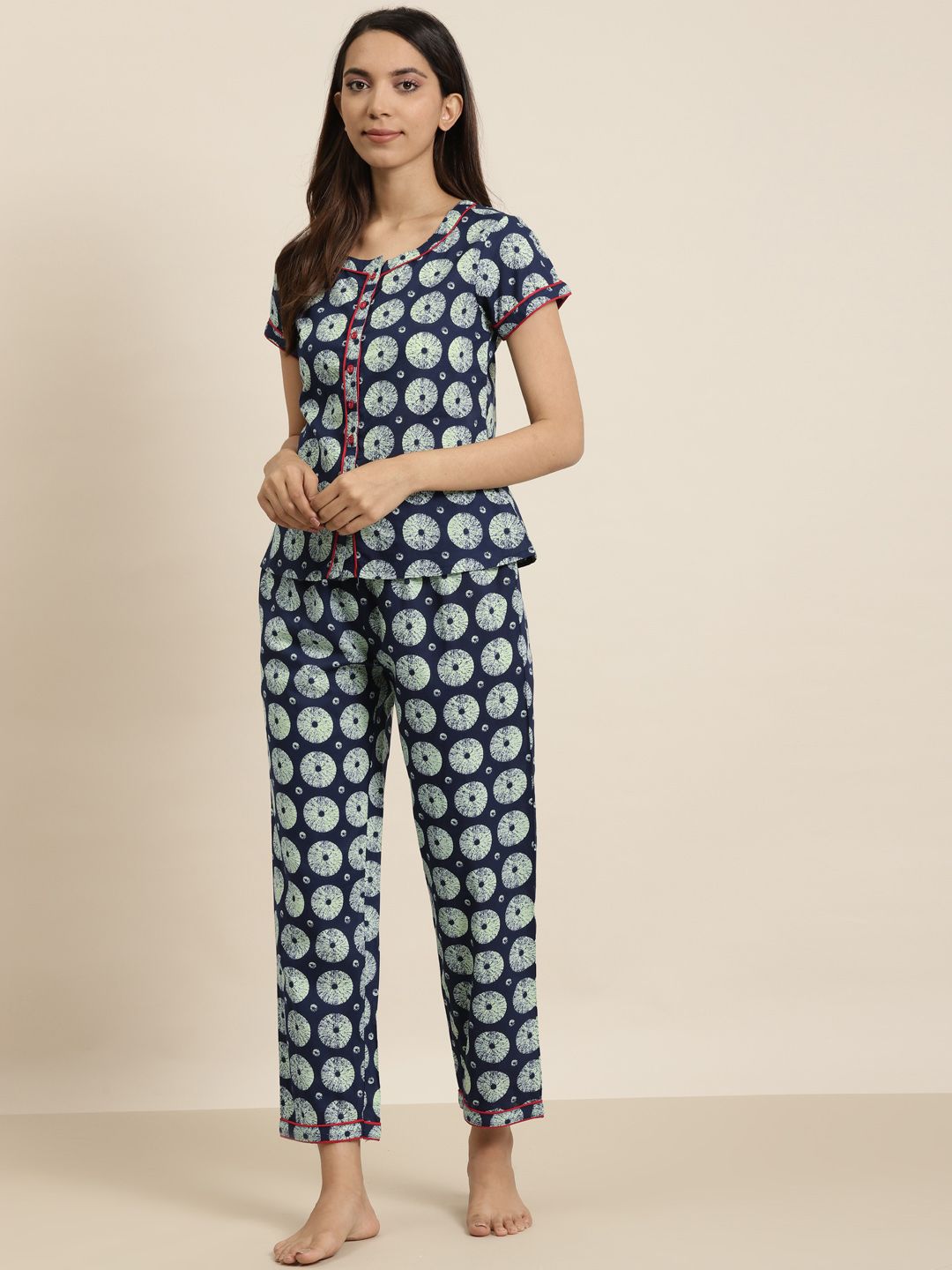 YASH GALLERY Women Navy Blue & Off-White Printed Night suit Price in India