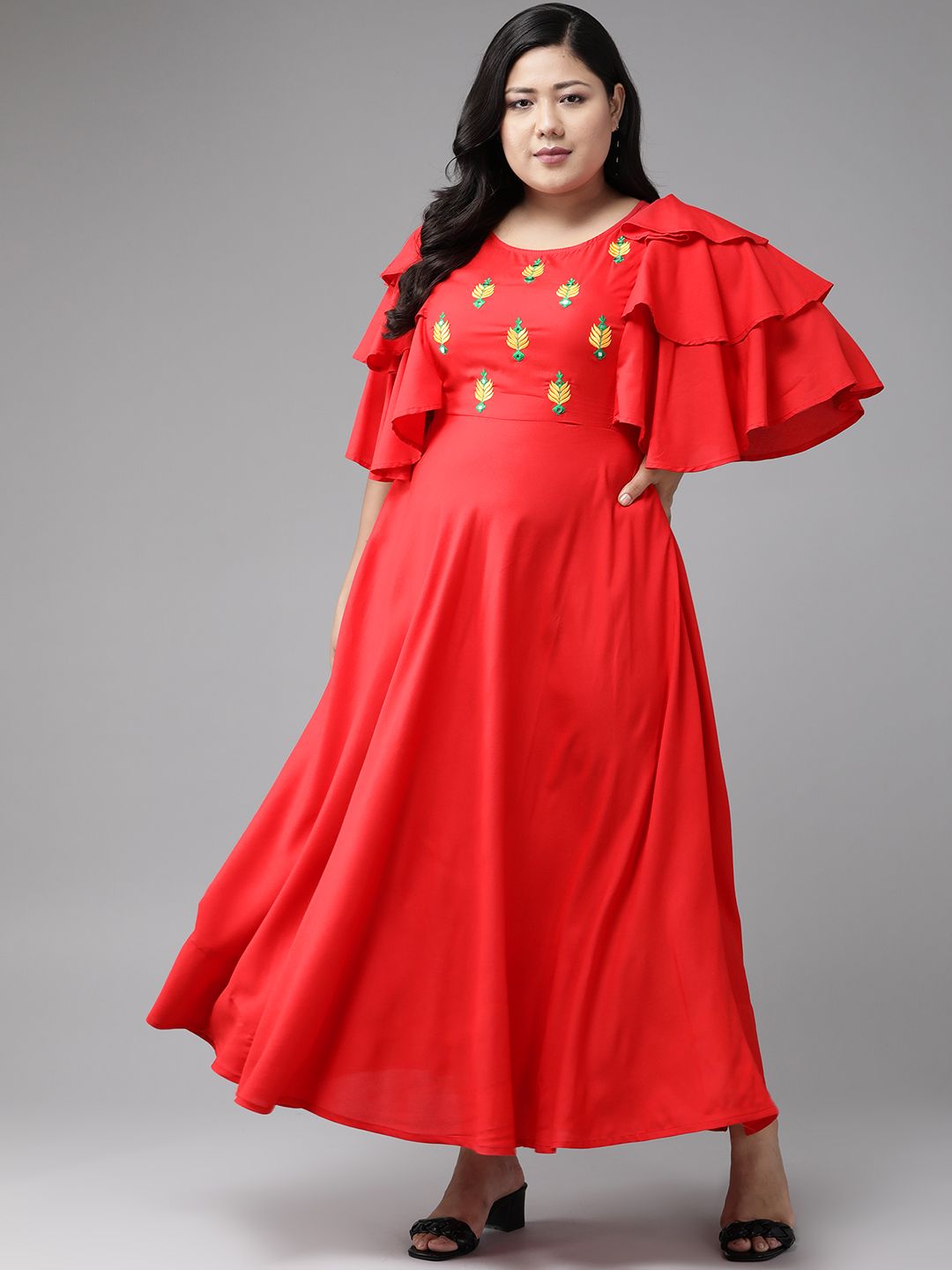 YASH GALLERY Plus Size Red Ethnic Motifs Embroidered Flutter Sleeves Maxi Dress Price in India
