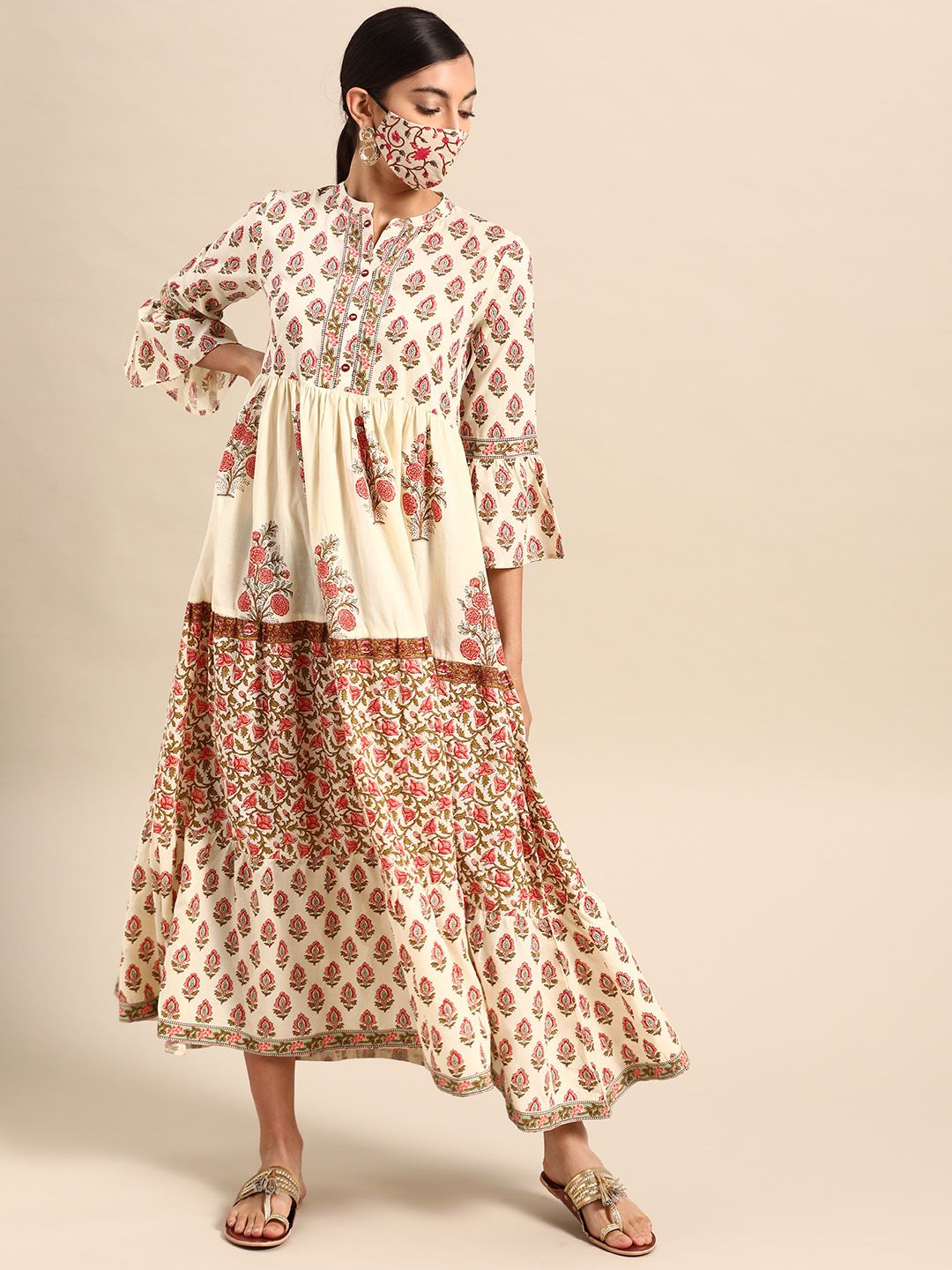 RANGMAYEE Women Cream-Coloured & Pink Printed Pure Cotton Maxi Dress Price in India