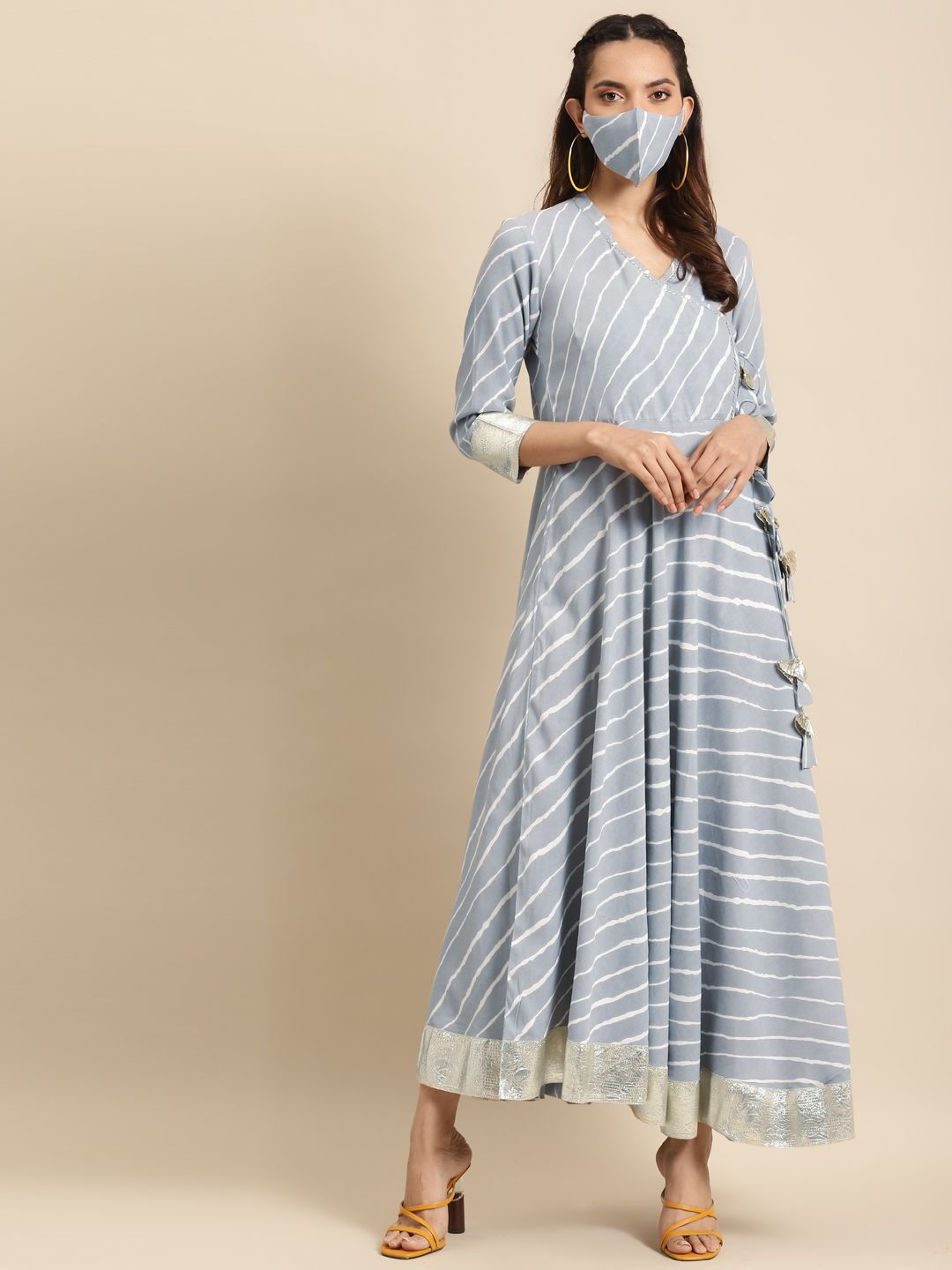 RANGMAYEE Women Grey & White Striped Maxi Dress