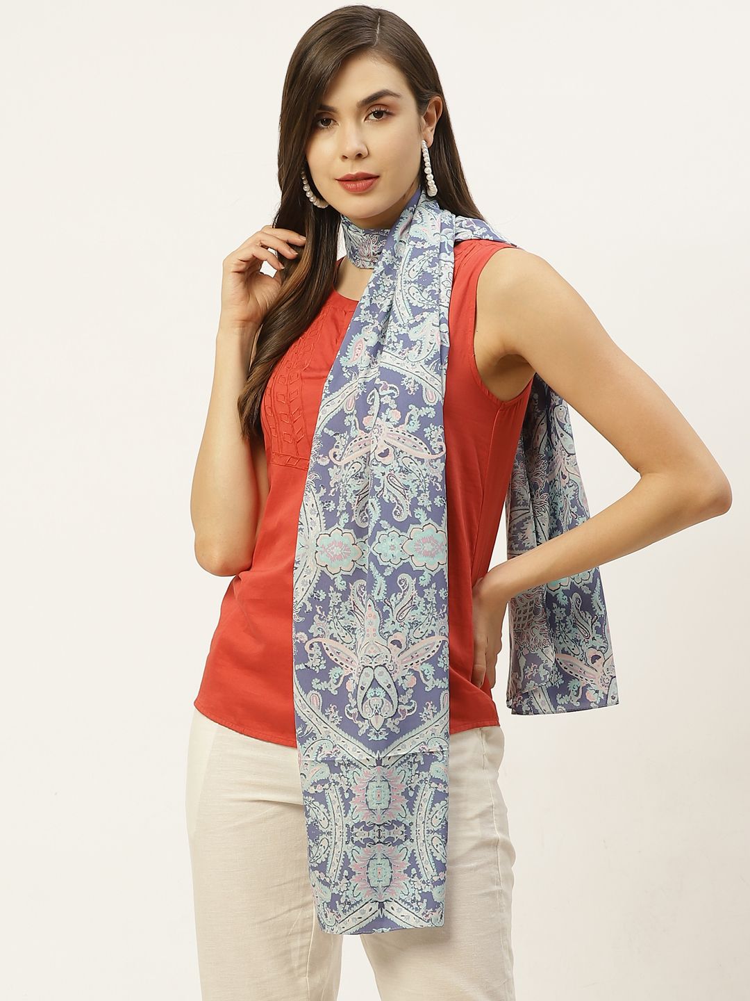 Anouk Women Blue & Off White Printed Scarf Price in India