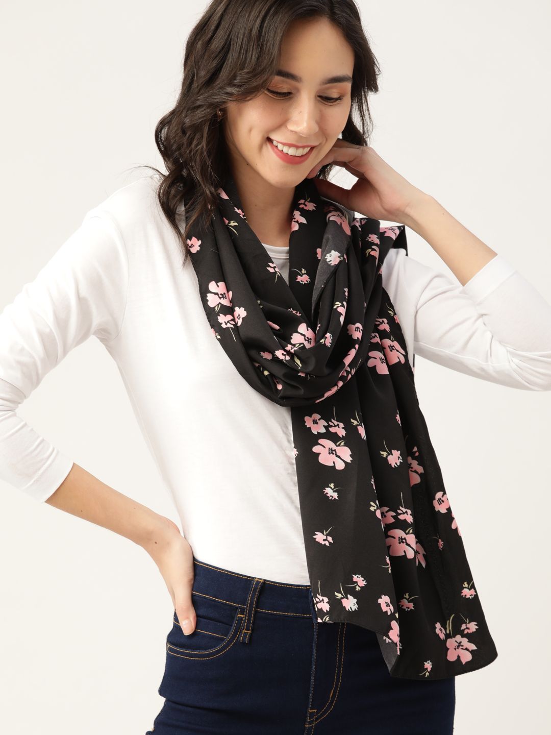 DressBerry Women Black & Pink Printed Stole Price in India