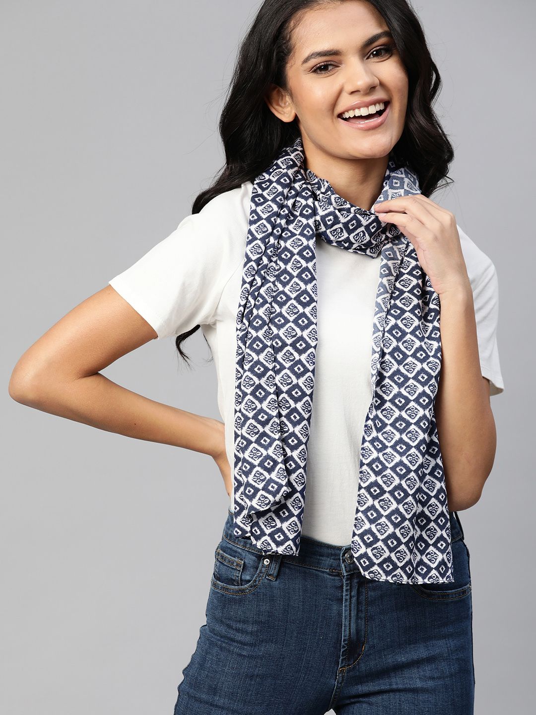 Mast & Harbour Women Navy Blue & White Geometric Print Stole Price in India