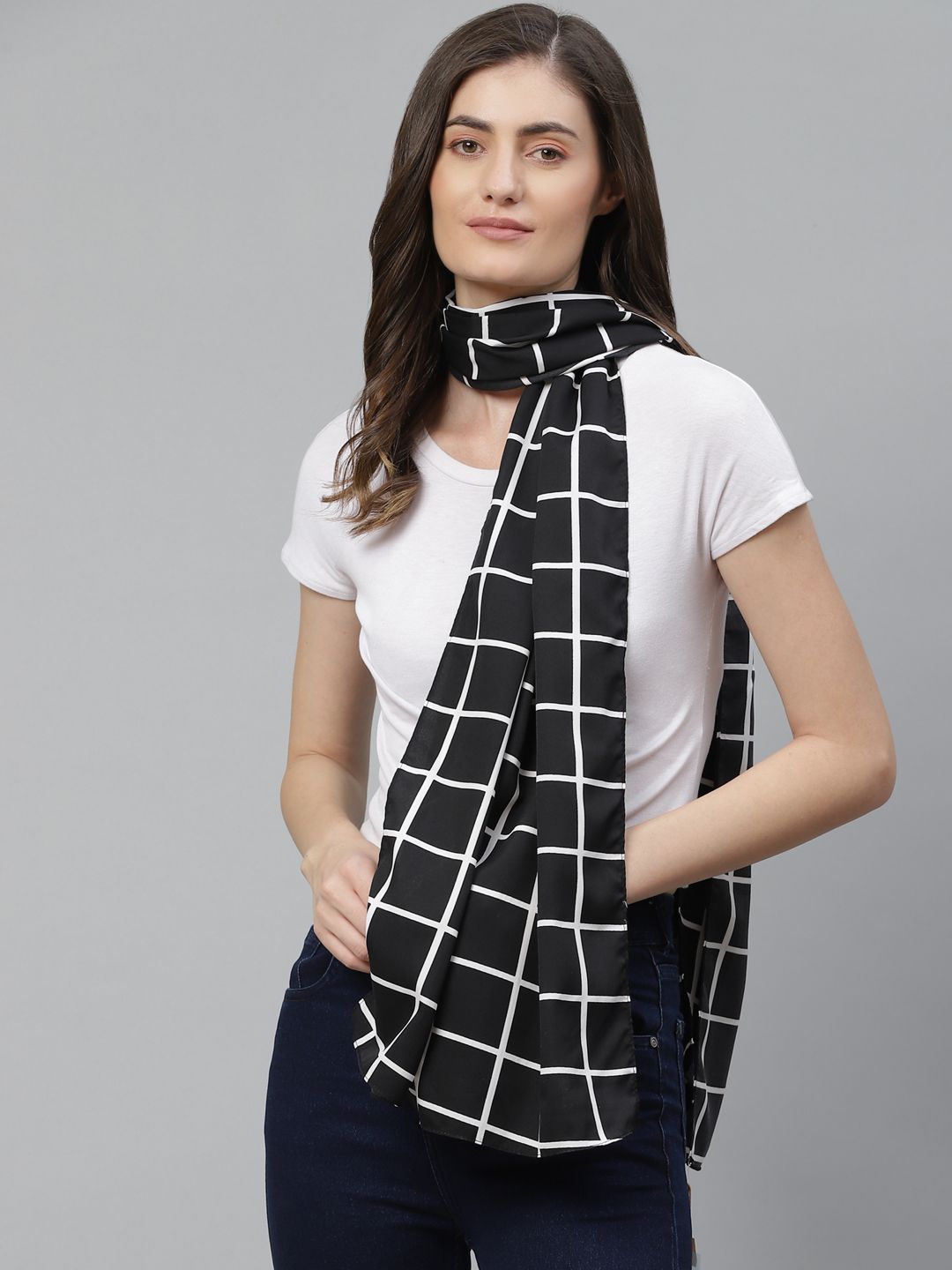 Mast & Harbour Women Black & White Monochrome Checked Scarf Price in India