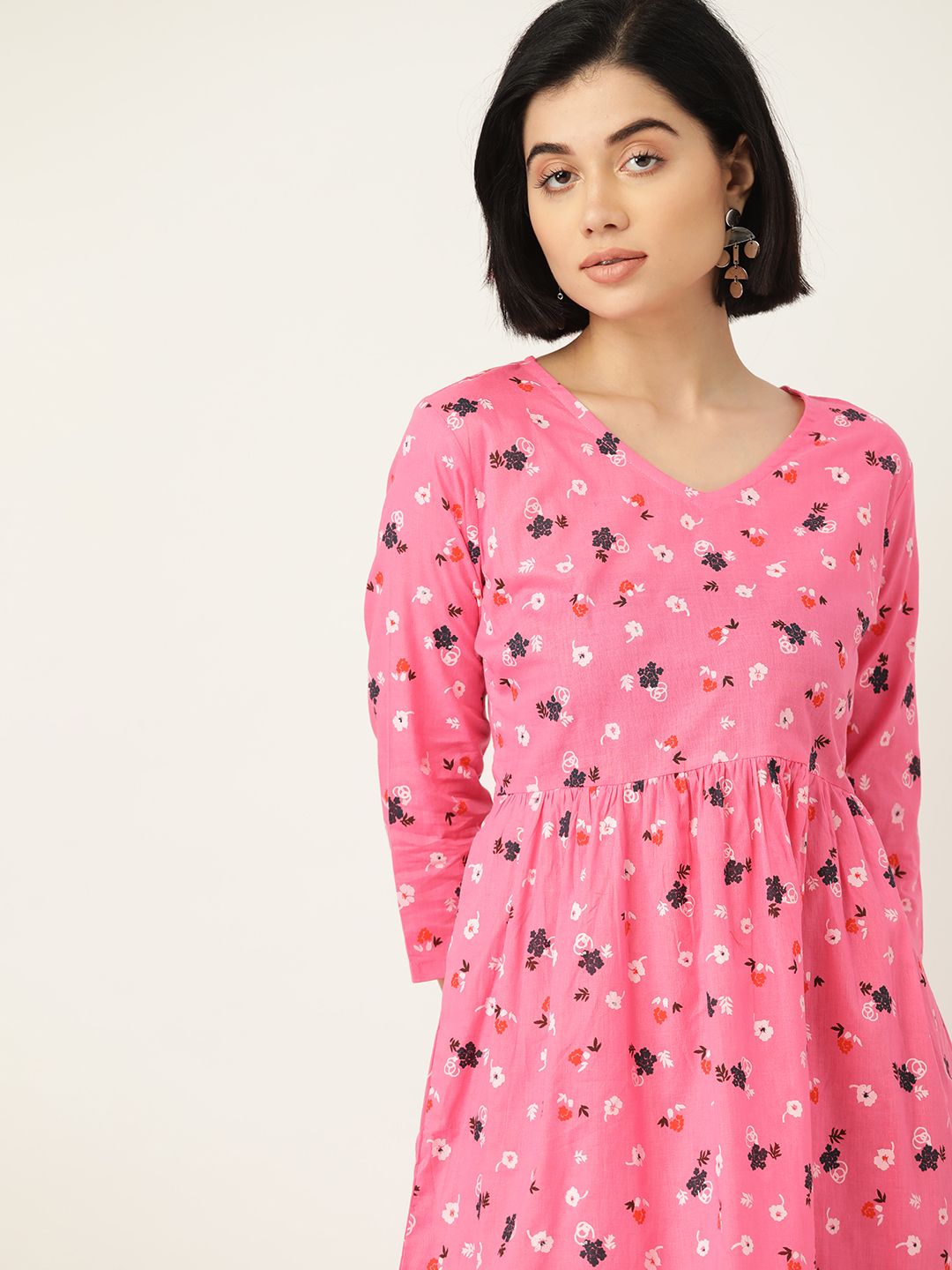 Anouk Pink & Red Pure Cotton Floral Printed A-Line Midi Dress Price in India
