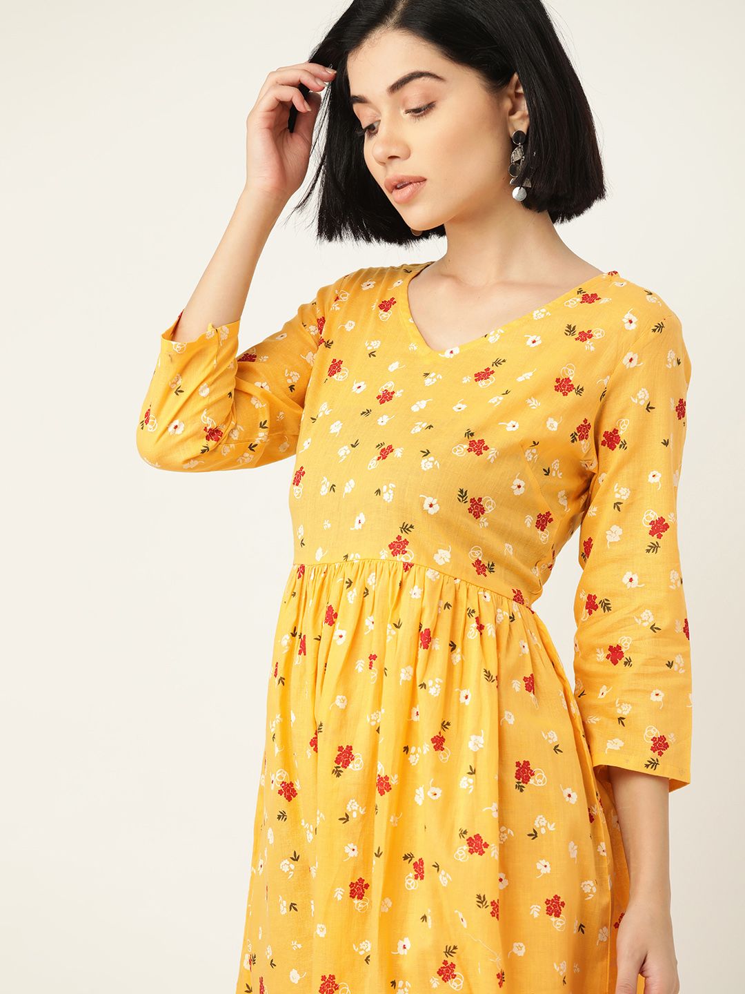 Anouk Yellow & Red Pure Cotton Floral Printed A-Line Midi Dress Price in India