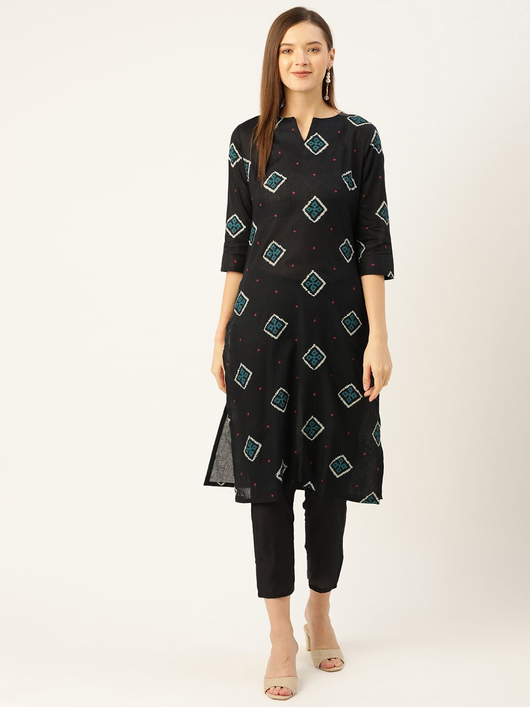 Anouk Women Black Pure Cotton Ethnic Motifs Print Kurta with Trousers Price in India