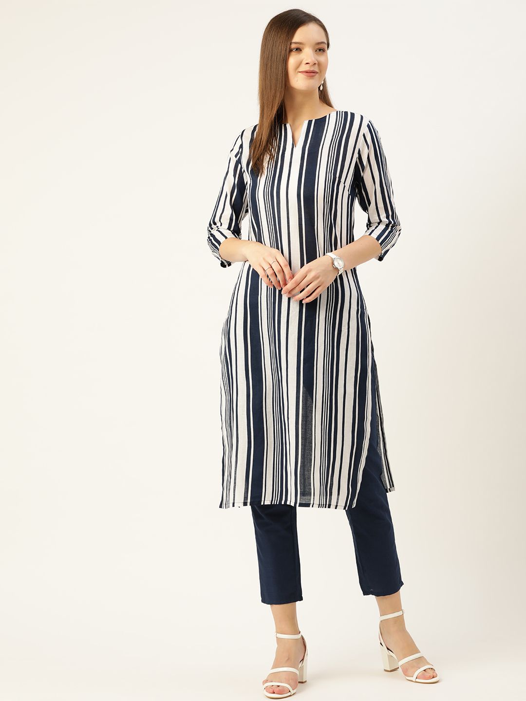 Anouk Women Navy Blue & White Striped Pure Cotton Kurta with Trousers Price in India