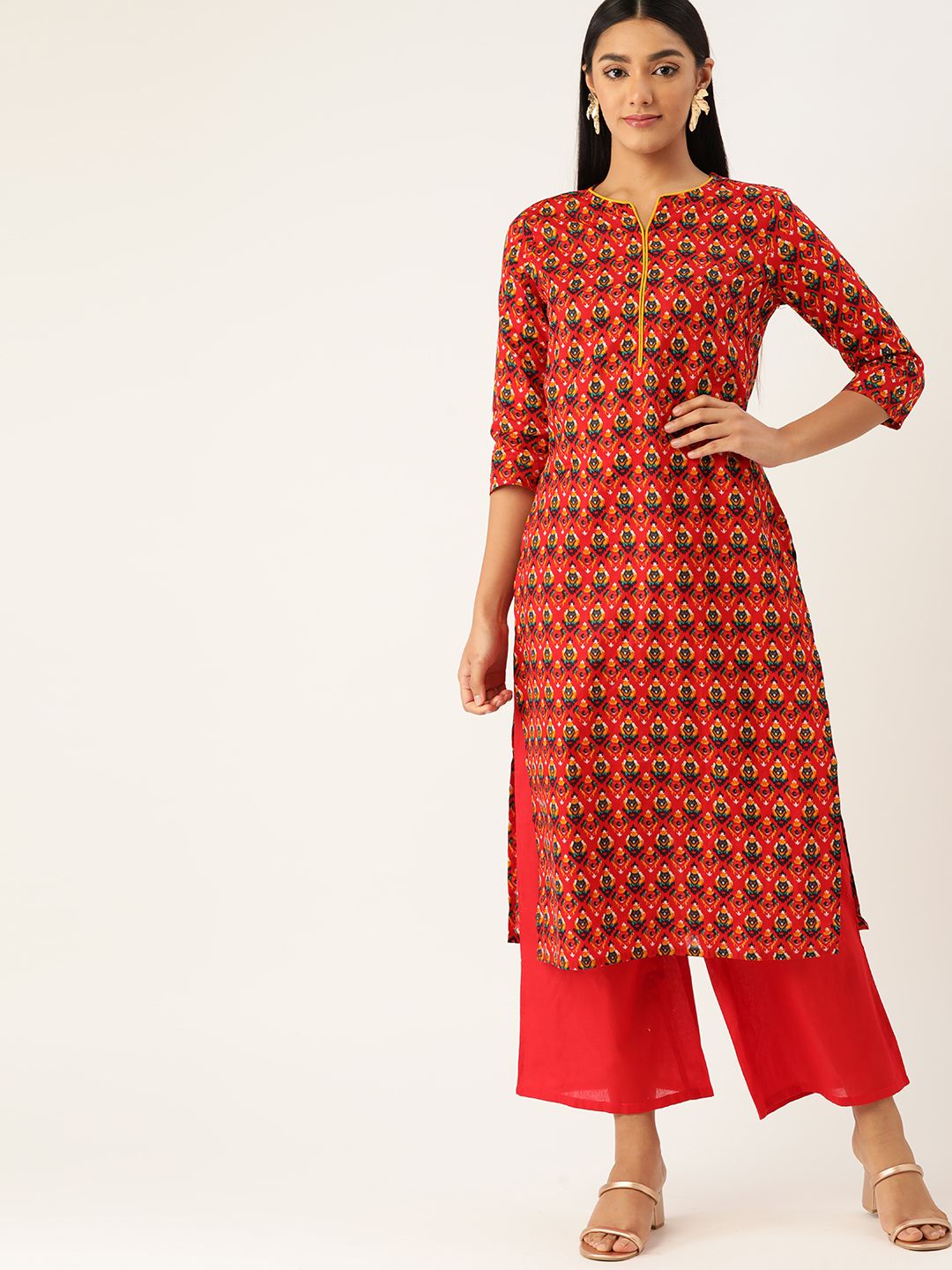 Anouk Women Red & Yellow Ethnic Motifs Printed Kurta with Palazzos