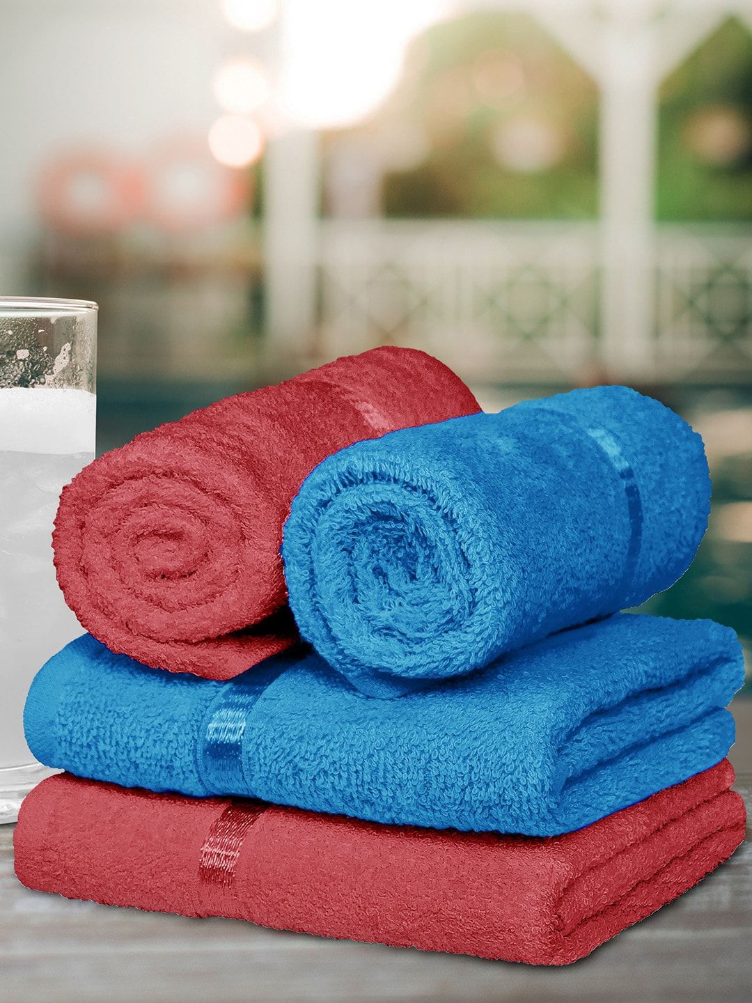 Story@home Set Of 4 Blue & Red Solid 450 GSM 100% Cotton Ultra-Soft Hand Towels Price in India