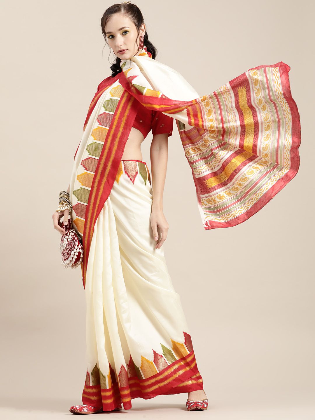 Saree Mall Lovely Off-White and Red Silk Blend Saree Price in India