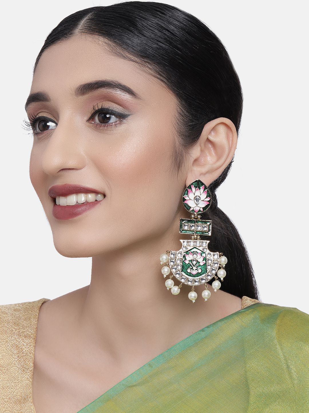 Zaveri Pearls Green & Pink Kundan Studded Meenakari Drop Earrings Price in India