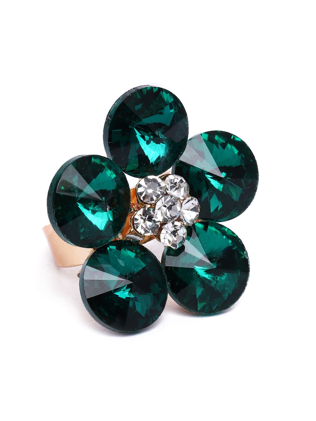 Zaveri Pearls Green & White Gold-Plated Studded Floral Adjustable Finger Ring Price in India