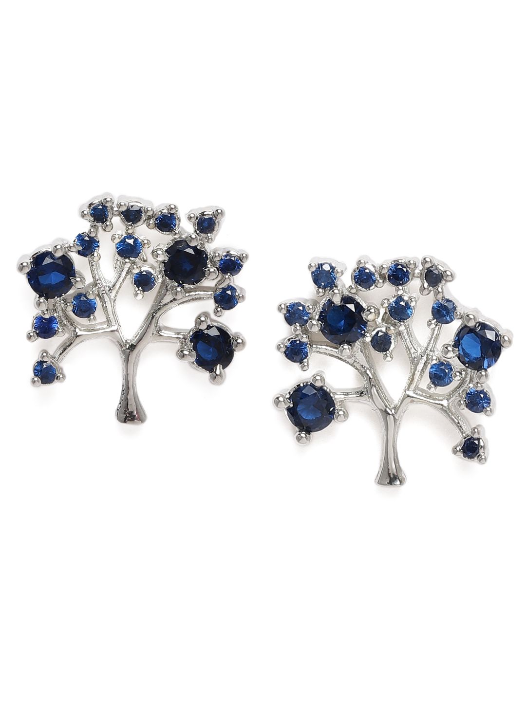 Zaveri Pearls Navy Blue Silver-Plated Cubic Zirconia Tree Design Oversized Studs Price in India