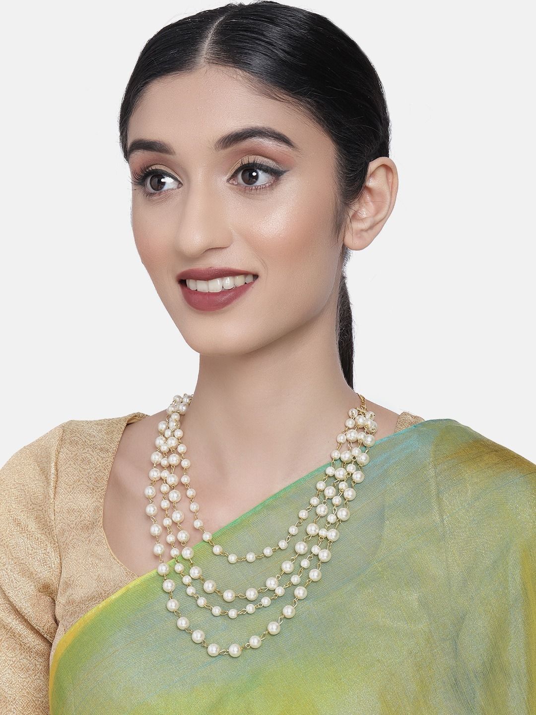 Zaveri Pearls Gold-Plated & White Layered Classy Pearl Necklace Price in India