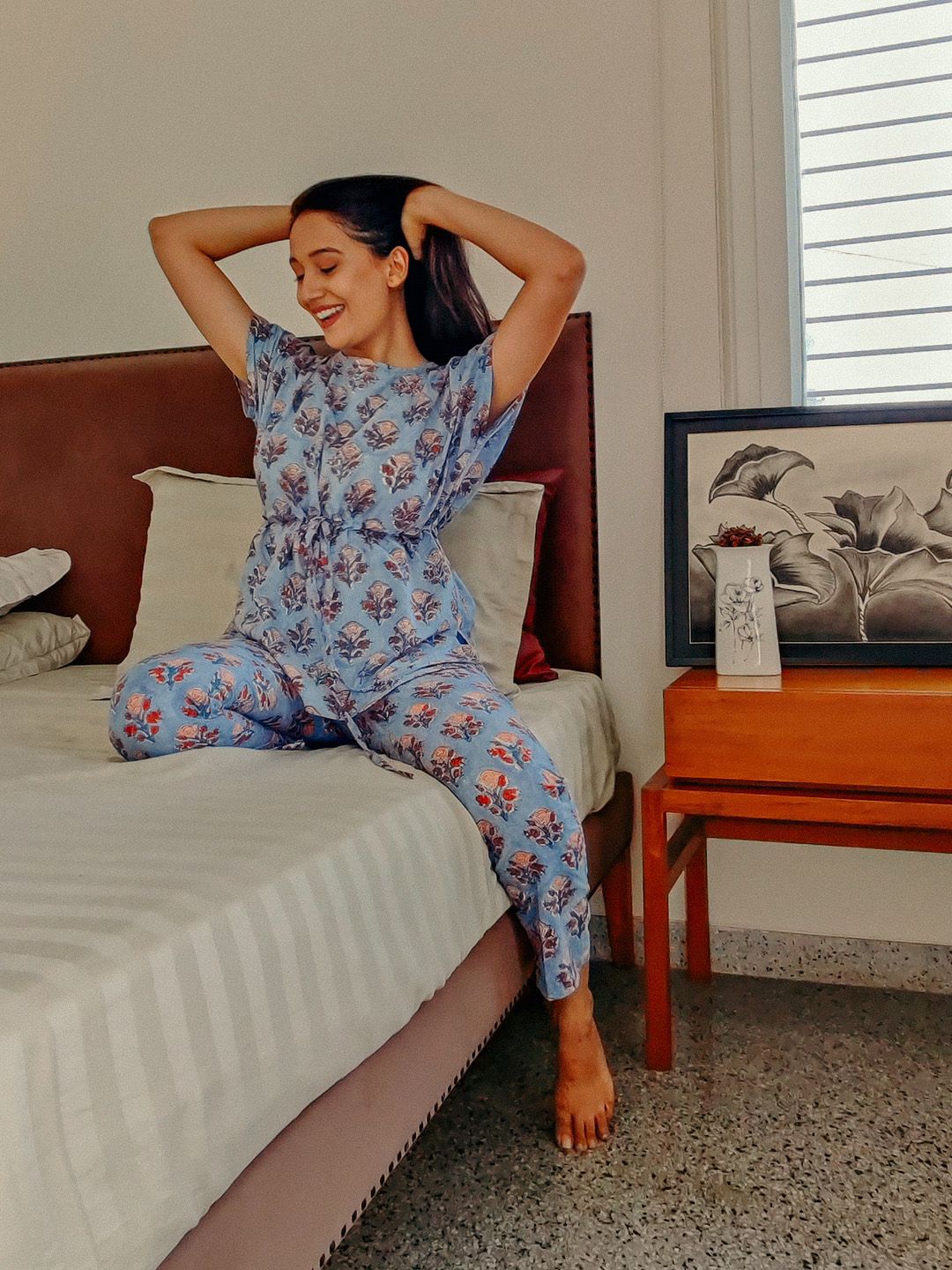 Taavi Women Sustainable Blue & Orange Sanganeri Block Print Printed Night Suit Price in India