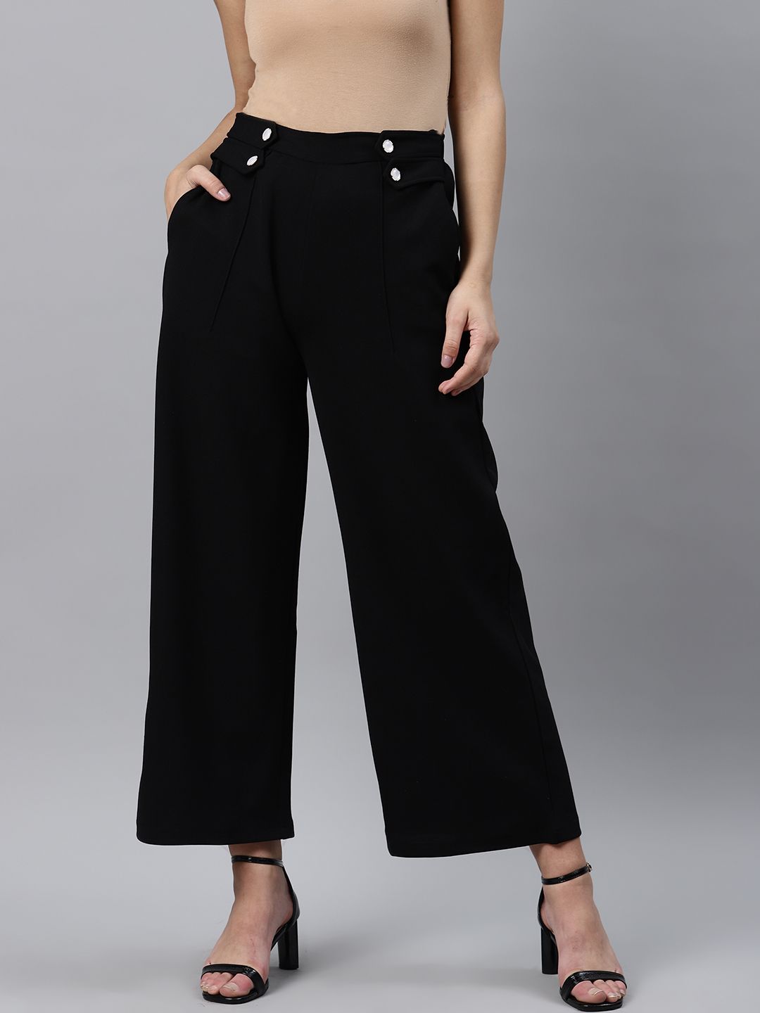 plusS Women Black Straight Fit Solid Parallel Trousers Price in India