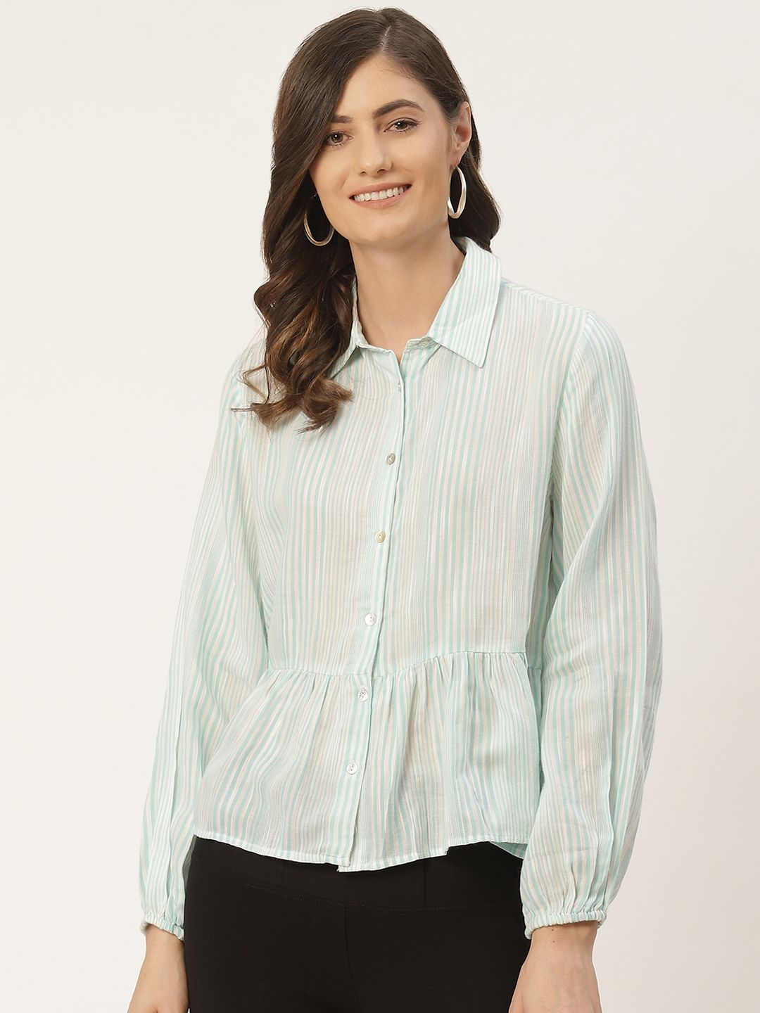 Madame Women Turquoise Blue & White Regular Fit Striped Casual Shirt