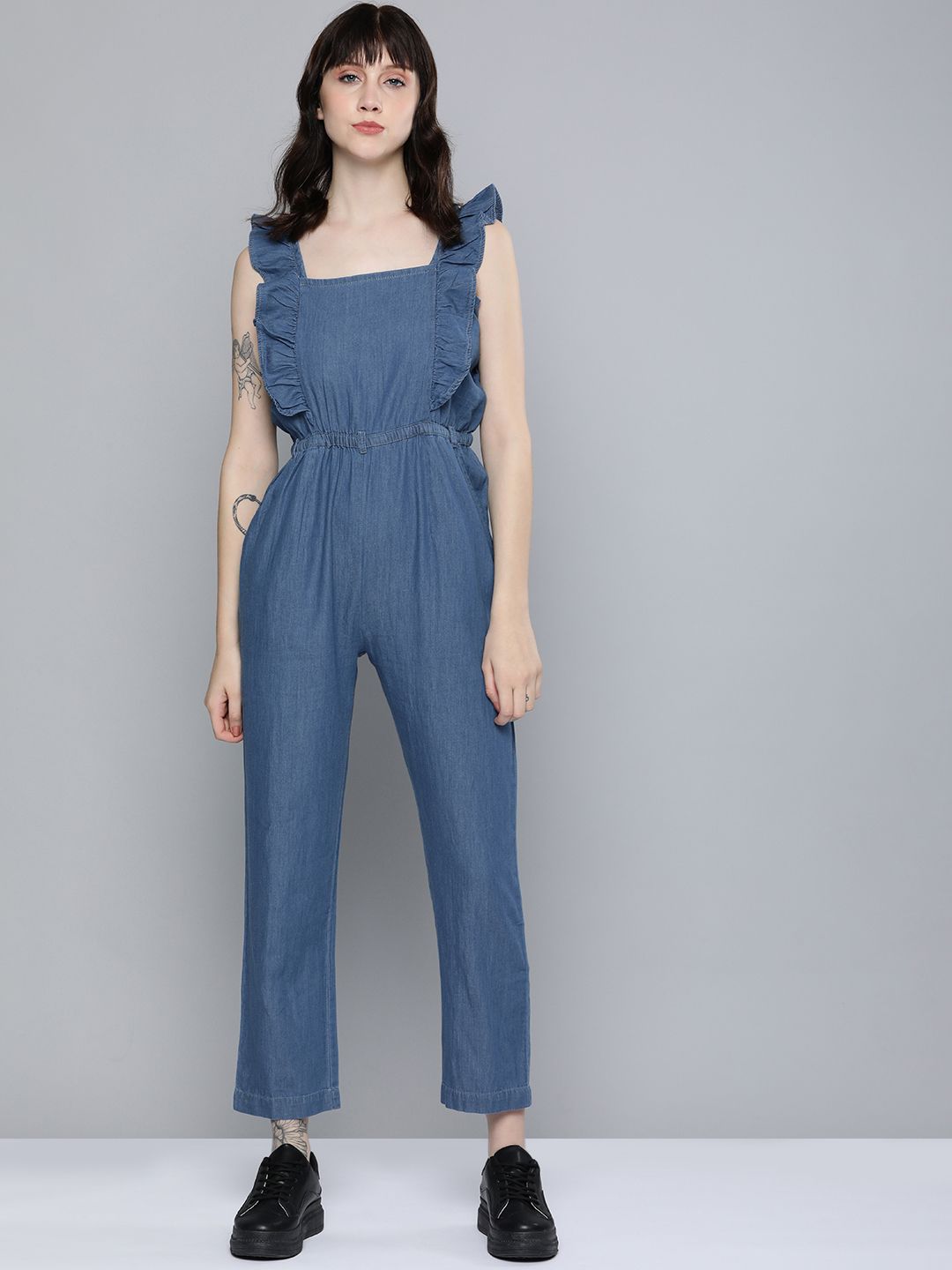 Kook N Keech Women Blue Solid Pure Cotton Sleevless Basic Jumpsuit Price in India