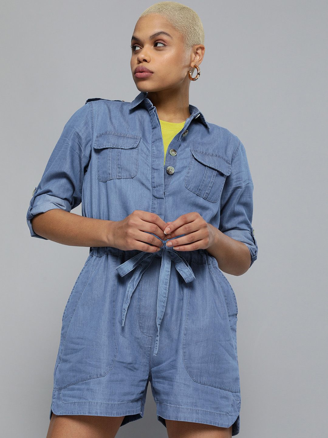 Kook N Keech Blue Jumpsuit With Pockets and Waist Tie-up Price in India