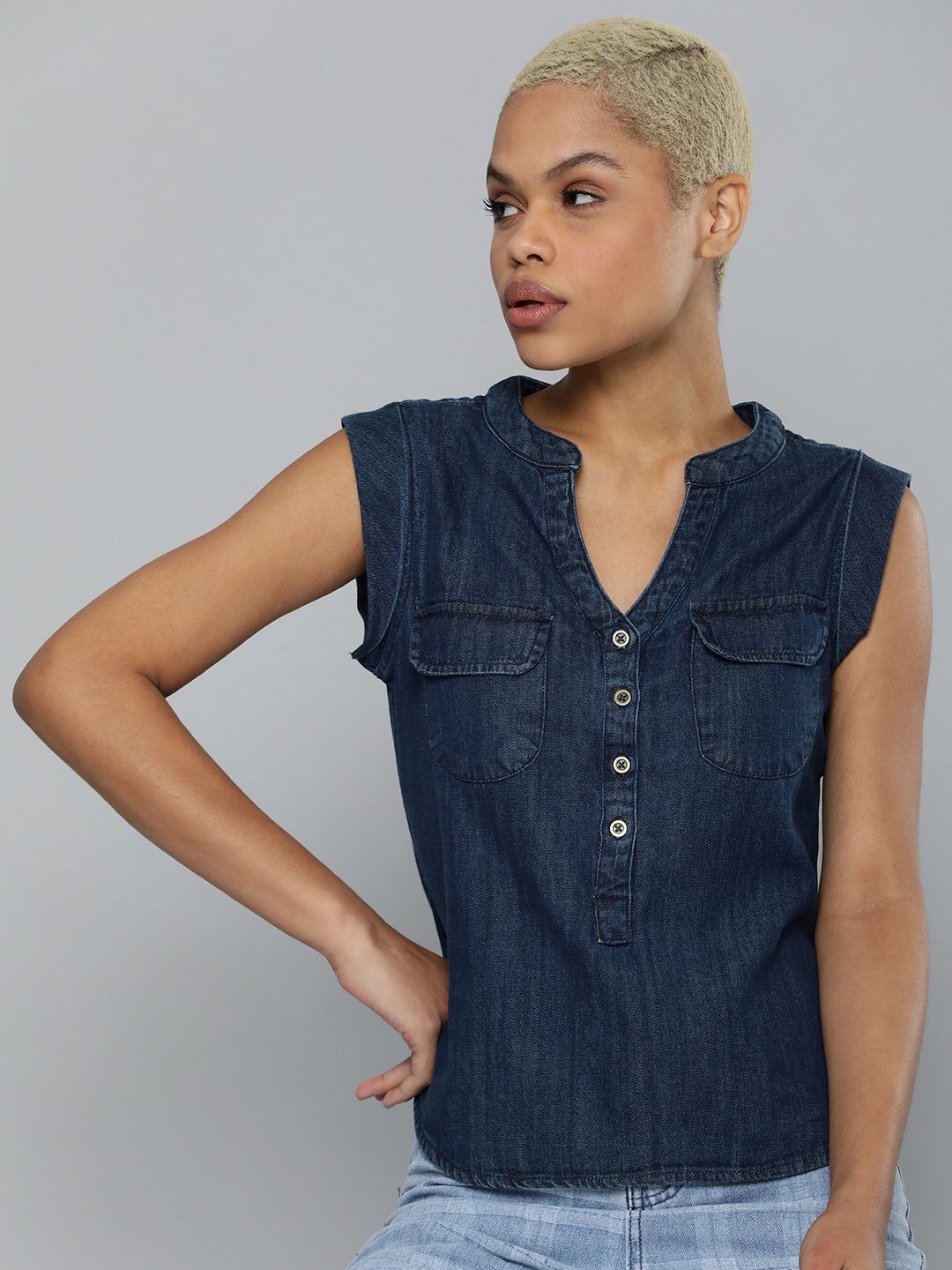 Kook N Keech Women Navy Blue Solid Mandarin Collar Top