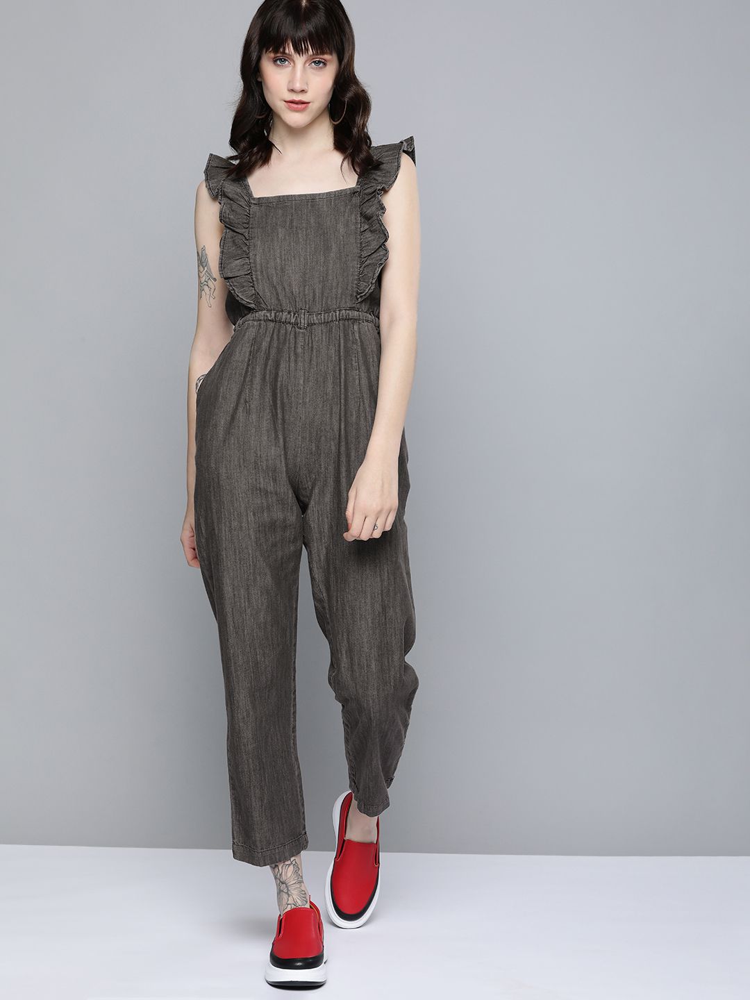 Kook N Keech Black Solid Pure Cotton Sleevless Basic Jumpsuit Price in India