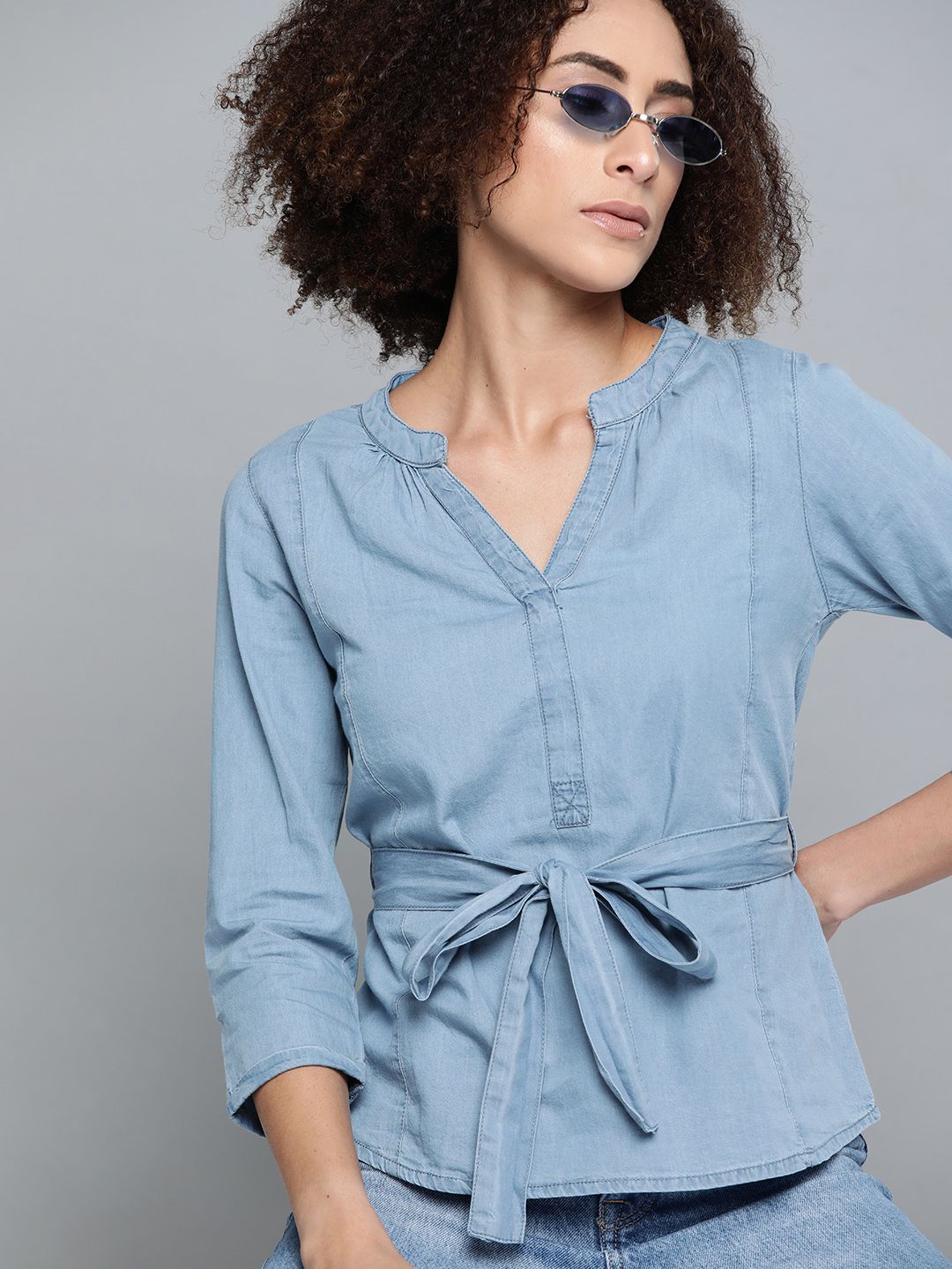 Kook N Keech Blue Solid Cotton Regular Top with Belt
