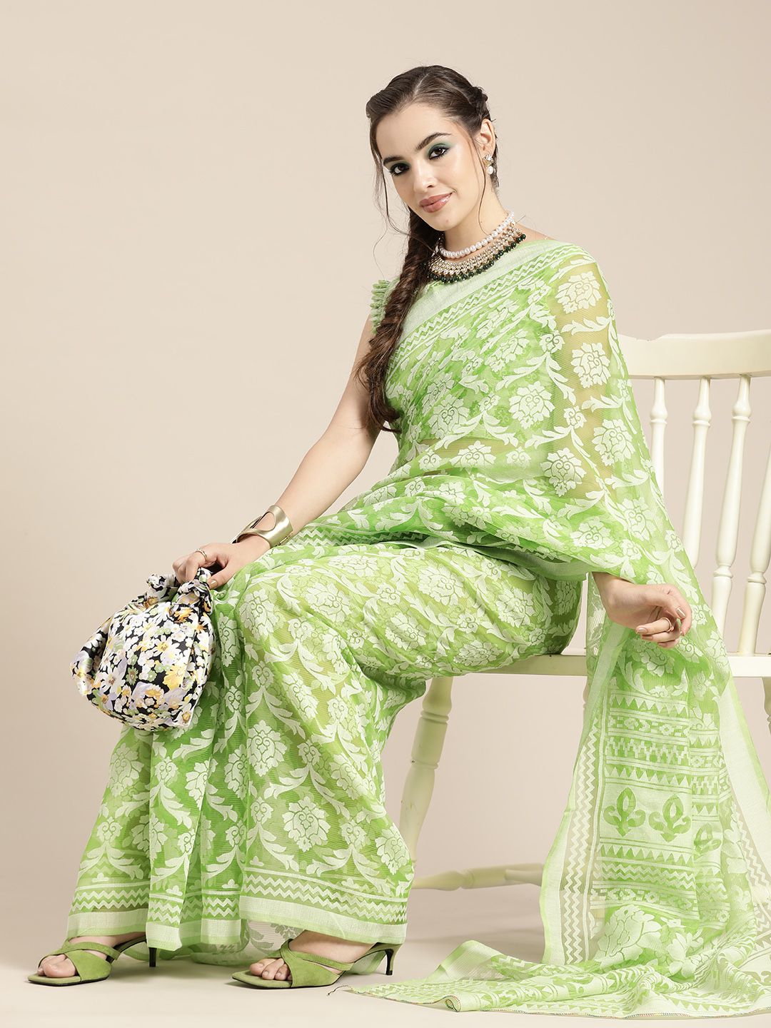 Saree mall Green Ethnic Motifs Brasso Chanderi Sarees Price in India