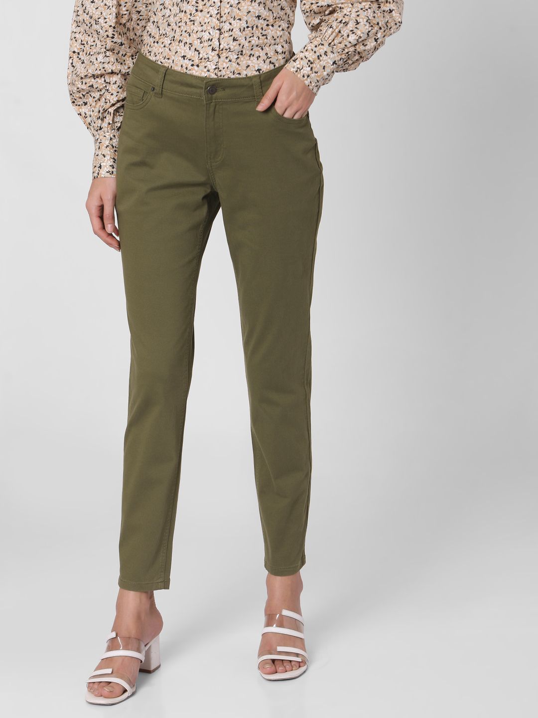 Vero Moda Women Olive Green Skinny Fit Solid Cigarette Trousers Price in India