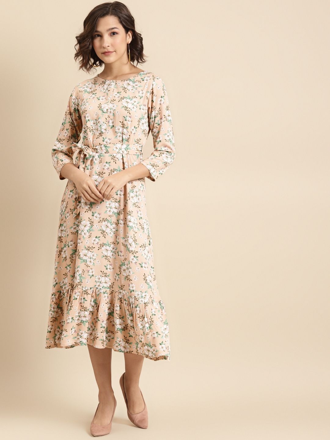 Prakrti Women Nude-Coloured & Sea Green Romantic Floral Print Midi A-Line Dress with Belt Price in India