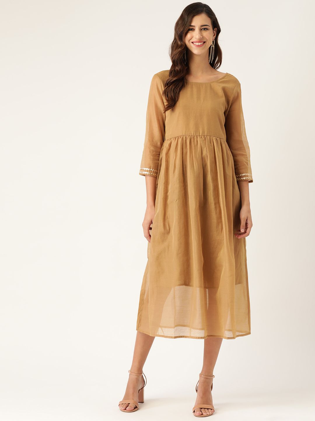 Shae by SASSAFRAS Beige A-Line Midi Dress With Gotta Patti Detail Price in India