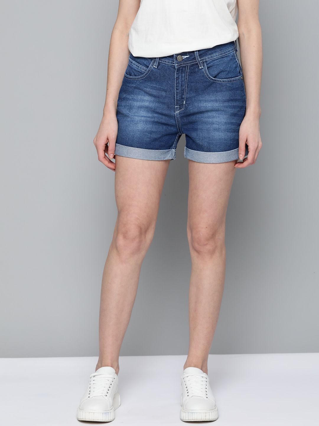 Mast & Harbour Women Navy Blue Washed Regular Fit Denim Shorts Price in India