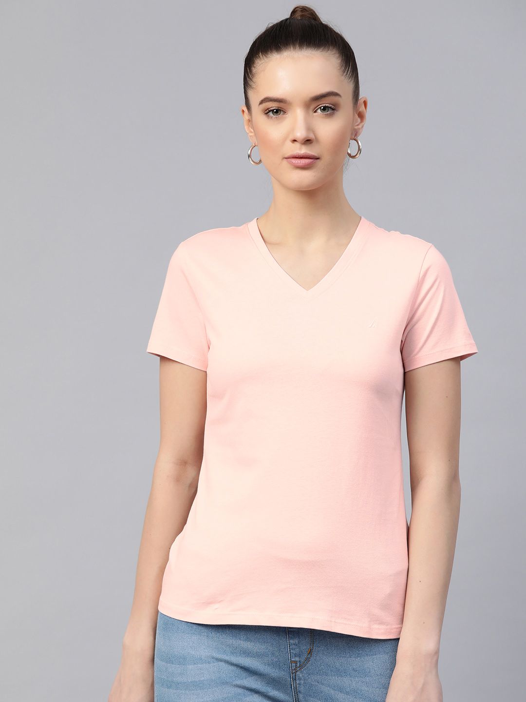 Nautica Women Pink Solid Pure Cotton V-Neck T-shirt