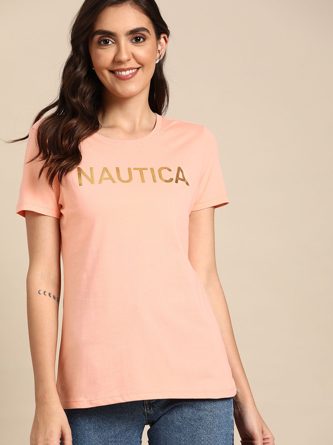 Nautica Women Peach Pink Brand Logo Print Round Neck Regular Sleeves Pure Cotton T-shirt Price in India