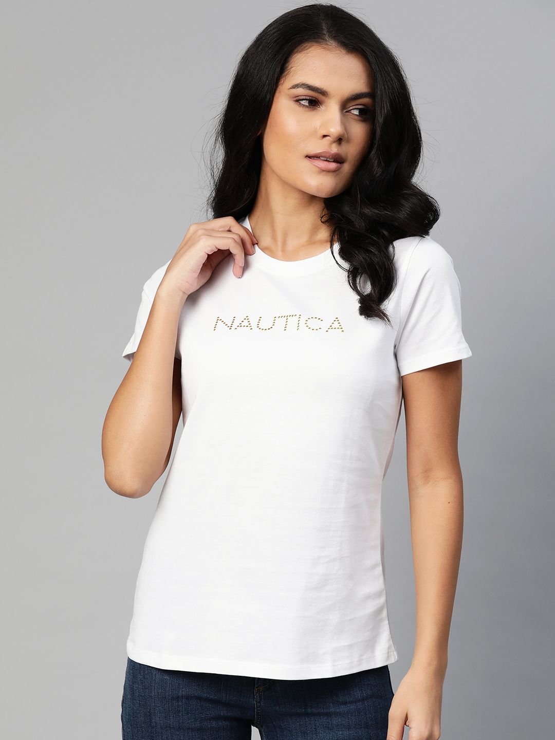 Nautica Women White Brand Logo Printed Pure Cotton T-shirt